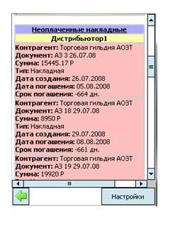 Отчет «Информация о торговой точке», раздел «Неоплаченные накладные» программы «ST Мобильная Торговля»